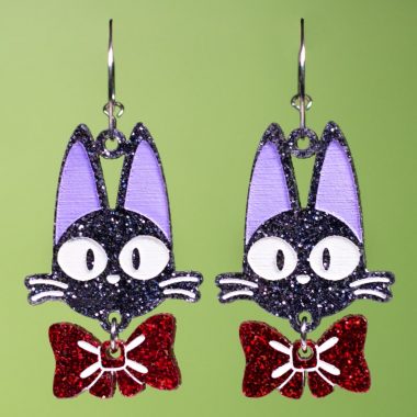 Pendientes de gato con lazo jiji con purpurina Pendientes de gato con lazo jiji con purpurina