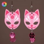 Pendientes Kitsune de zorro en color rosa y tonos pasteles con cascabeles metálicos