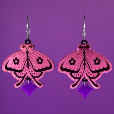 Pendientes mariposa con flores de cerezo Sakura en espejo rosa Pendientes mariposa con flores de cerezo Sakura en espejo rosa
