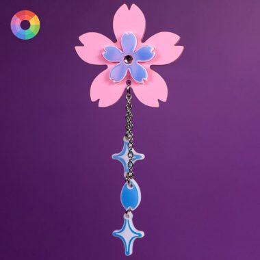 Pinza para el pelo con forma de flor de cerezo rosa y hojas holográficas