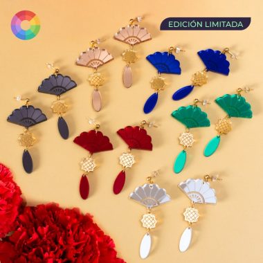 Pendientes metacrilato acrilicos de abanico efecto espejo de diferentes colores para traje de flamenca y feria