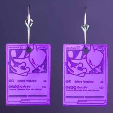 Pendientes de cartas de Pokemon Mewtwo EX morado lila espejo Pendientes de cartas de Pokemon Mewtwo EX morado lila espejo