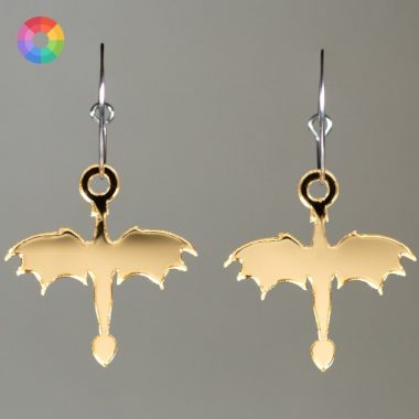 Pendientes pequeños de metacrilato acrílico con forma de dragón de los libros Fourth Wing, Alas de Sangre en colores azul, gris y dorado.