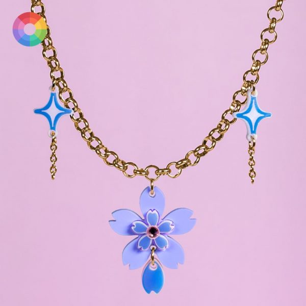 Collar de flor de cerezo de colores con cadena de acero inoxidable y hojas holográficas