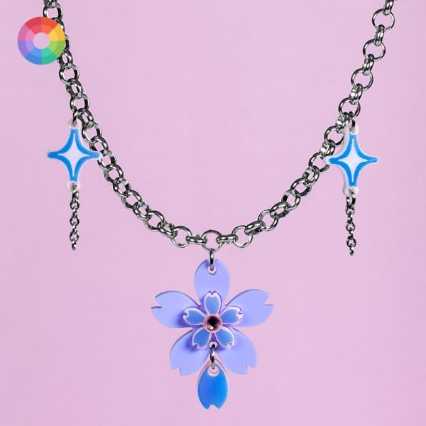 Collar de flor de cerezo de colores con cadena de acero inoxidable y hojas holográficas