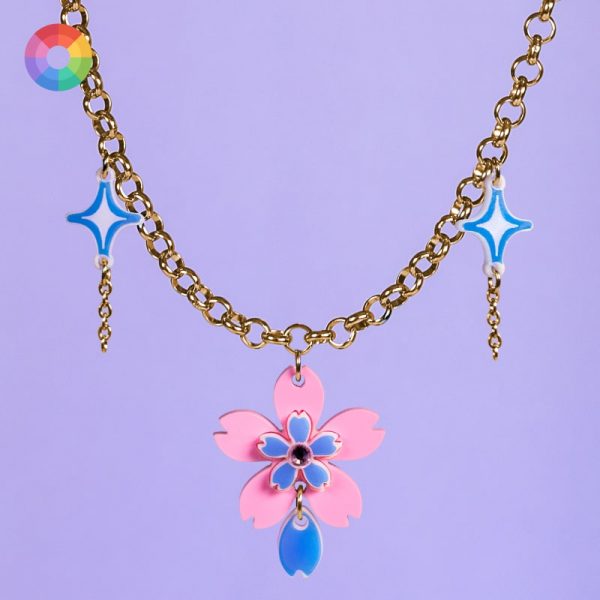 Collar de flor de cerezo de colores con cadena de acero inoxidable y hojas holográficas