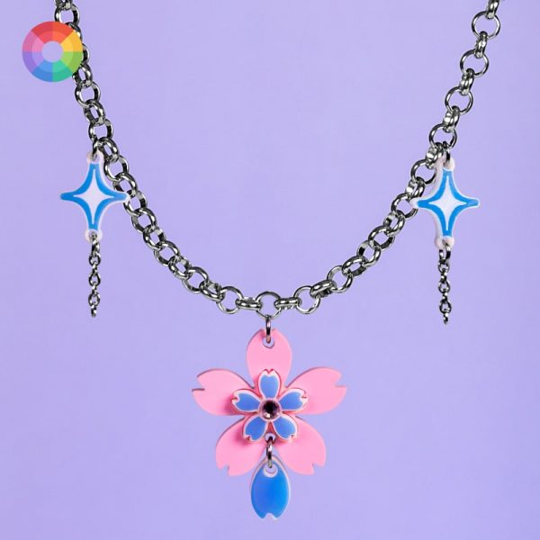 Collar de flor de cerezo de colores con cadena de acero inoxidable y hojas holográficas