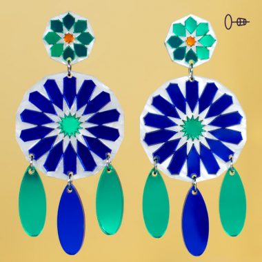 Pendientes de flamenca para feria y romería, en espejo verde y azul, azulejos andaluces originales
