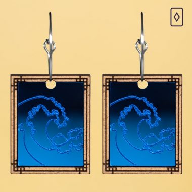 Pendientes cuadro La Gran Ola japón efecto espejo azul y madera