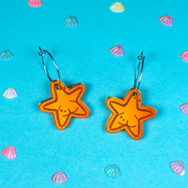 Pendientes estrella culona Patricio Bob Esponja efecto espejo color naranja