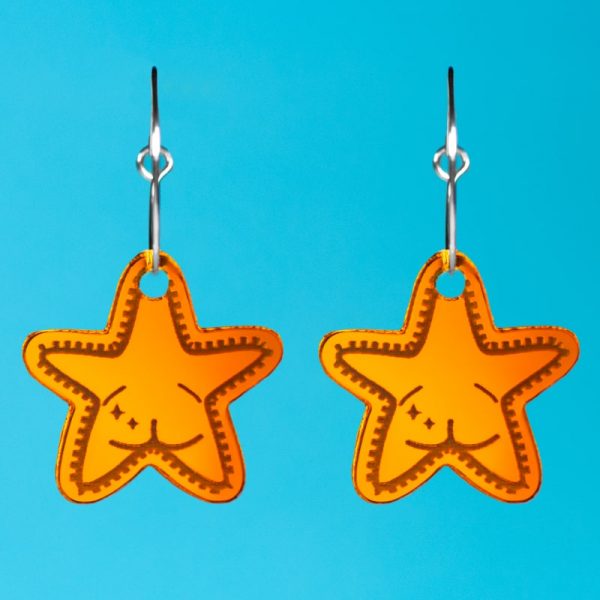 Pendientes estrella culona Patricio Bob Esponja efecto espejo color naranja