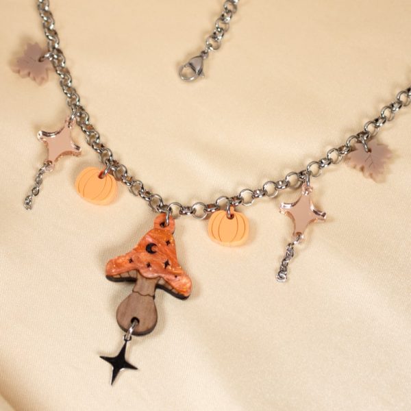 Collar acero inoxidable otoño con seta y hojas, cadena plateada o dorada
