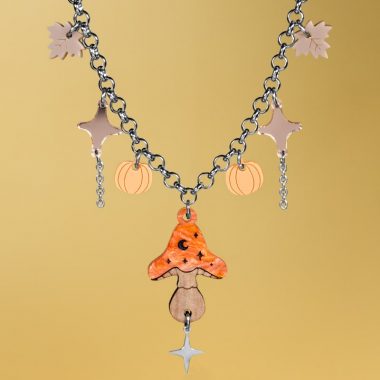 Collar acero inoxidable otoño con seta y hojas, cadena plateada o dorada