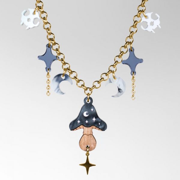 Collar acero inoxidable halloween de brujas con seta, cadena plateada o dorada