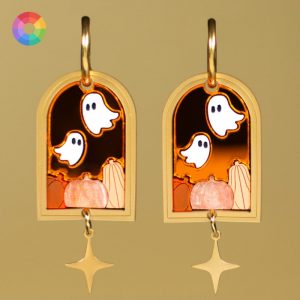 Pendientes cozy otoño spooky con fantasmas y calabazas en color naranja, plateado y dorado de neoplanet