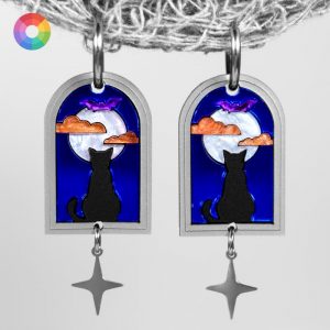 Pendientes Ventana gato observando la luna en la noche de halloween