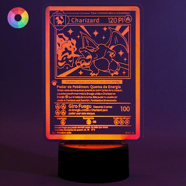 Lámpara led de colores para decoración, ambiernte lectura, con forma de carta Pokemon Charizard, primera edición en idioma español
