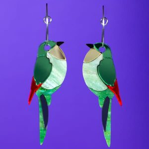 Pendientes pájaro ruiseñor japonés en colores verdes y direfentes texturas de acrílico Neoplanet