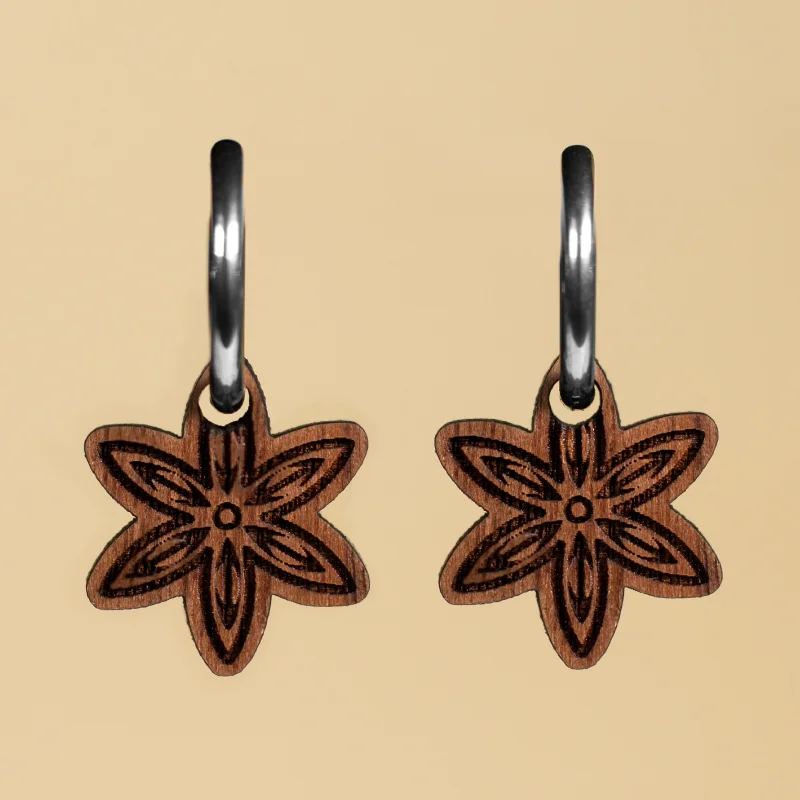 Pendientes Flor Anís de madera con diseño de estrella de anís, accesorios originales de otoño Pendientes Flor Anís de madera con diseño de estrella de anís, accesorios originales de otoño